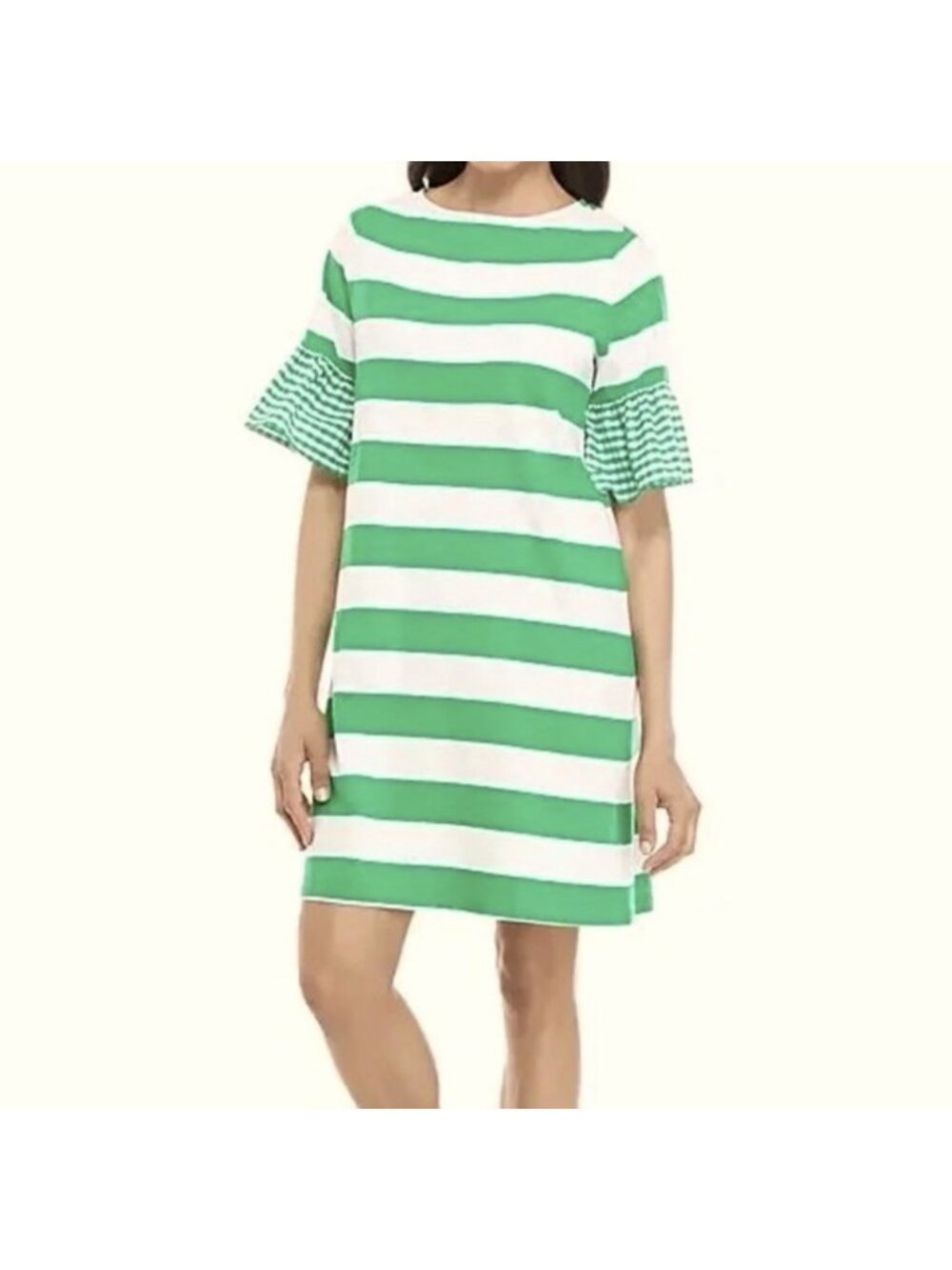 Crown And Ivy Green White Striped Knit Dress Gingham Ruffle Sleeve Medium